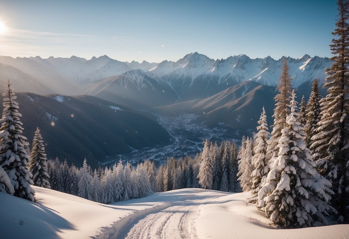 Snow-covered mountains surround Alatau Ski Resort. Cross country ski trails wind through the picturesque landscape, offering breathtaking views of the Asian scenery