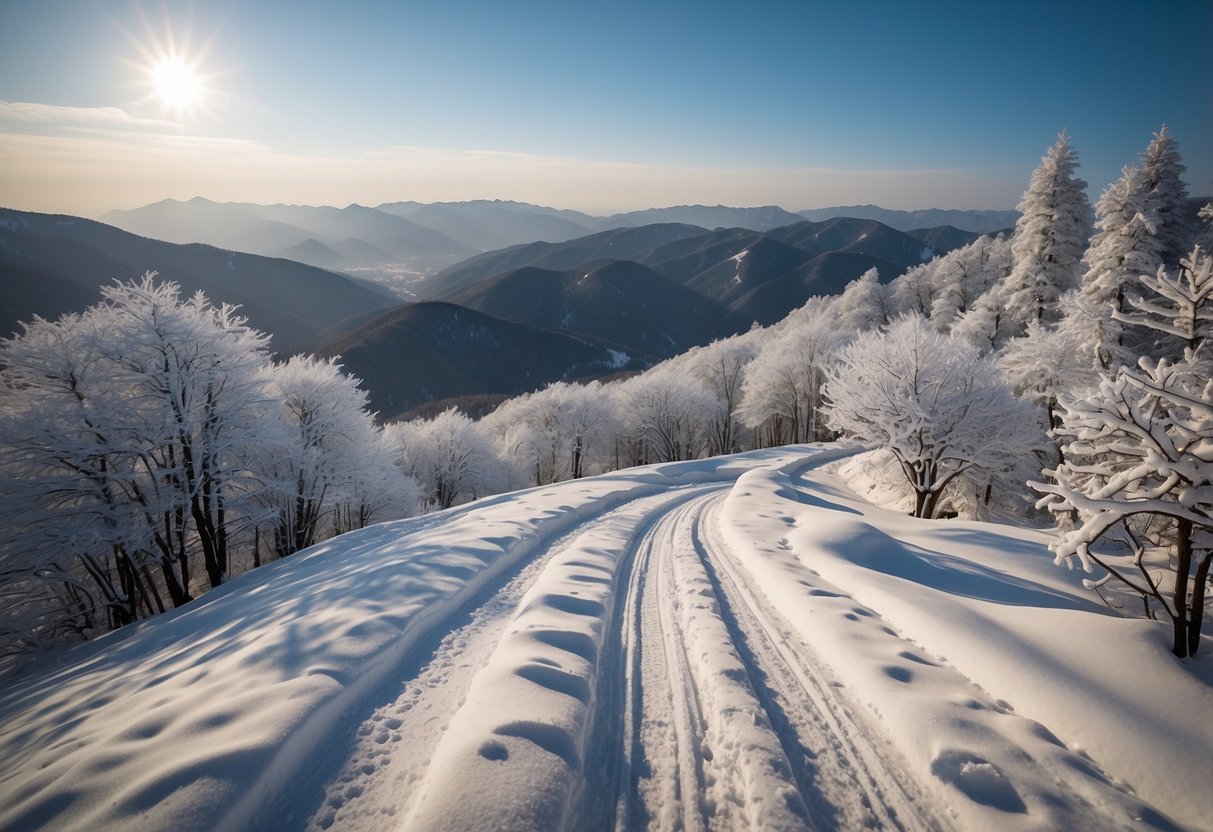 Snow-covered mountains surround a winding cross-country ski trail at Muju Deogyusan Resort, South Korea. The route offers breathtaking views of the Asian landscape