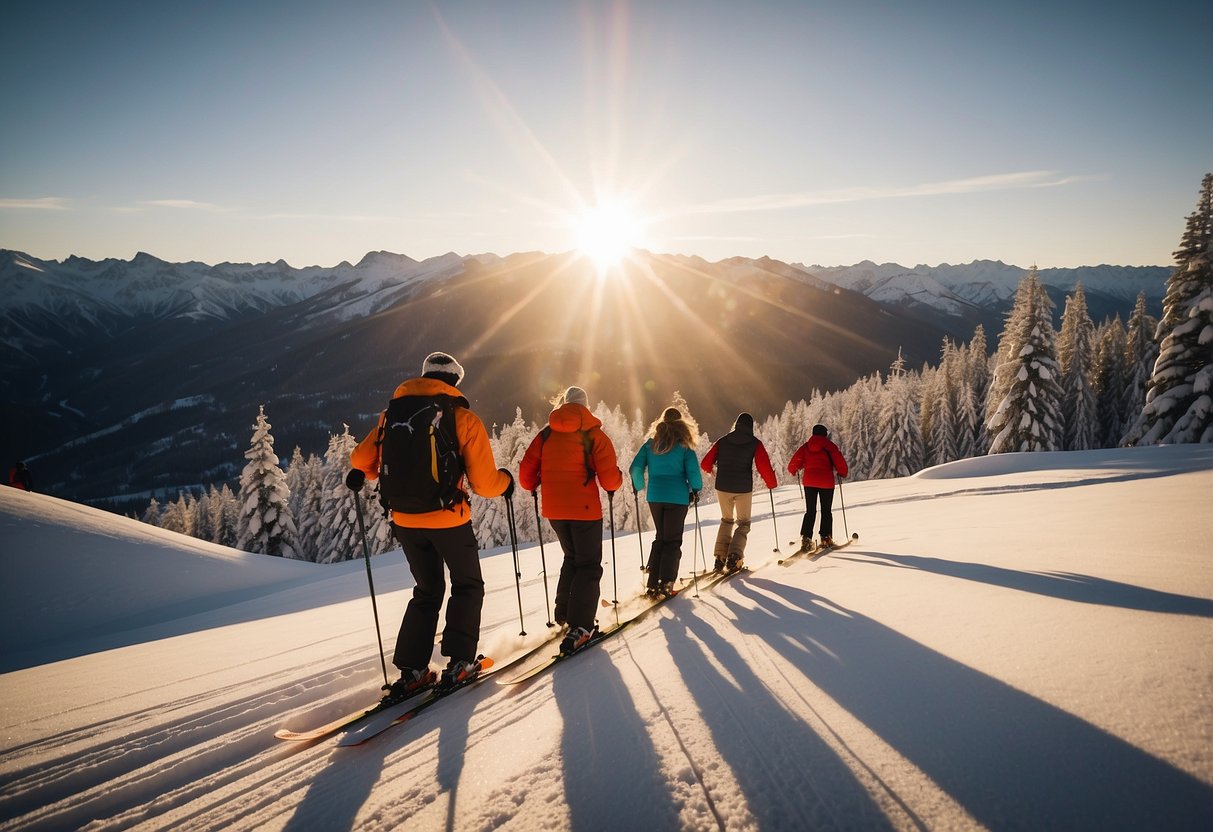 Skiers glide through snowy landscapes, passing through forests and over rolling hills. Mountains loom in the distance as the sun sets, casting a warm glow over the serene, picturesque scene