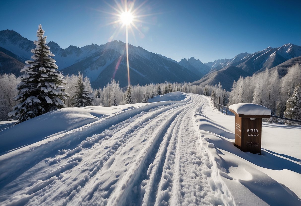 Snow-covered mountains, winding trails, and clear blue skies. Signage for safety precautions and best practices visible along the scenic cross country skiing routes in Asia