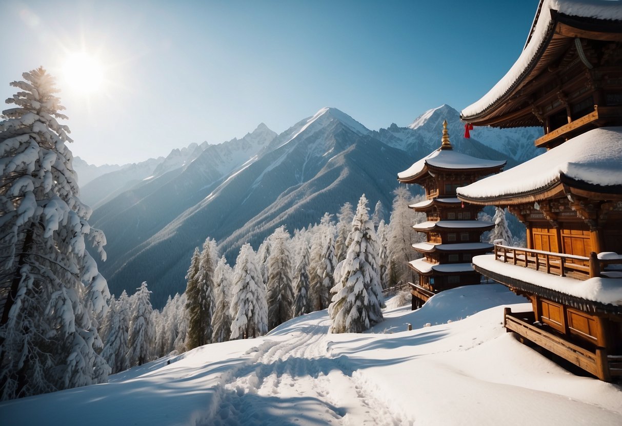 Snow-covered mountains, ancient temples, and serene forests line the scenic cross-country skiing routes in Asia. The vibrant cultural and natural attractions create a picturesque landscape for skiers to explore