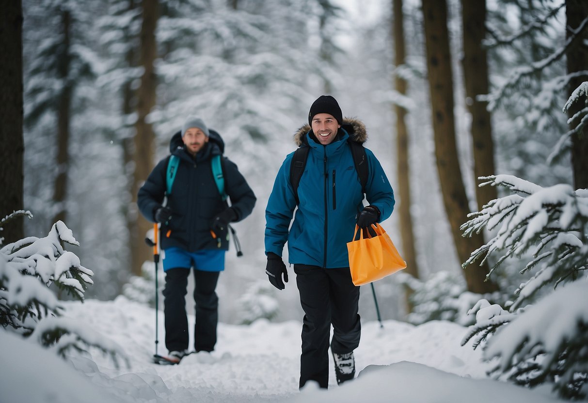 A skier glides through snowy forest, carrying a reusable bag for waste. They carefully collect any trash they find, ensuring the natural beauty remains unspoiled