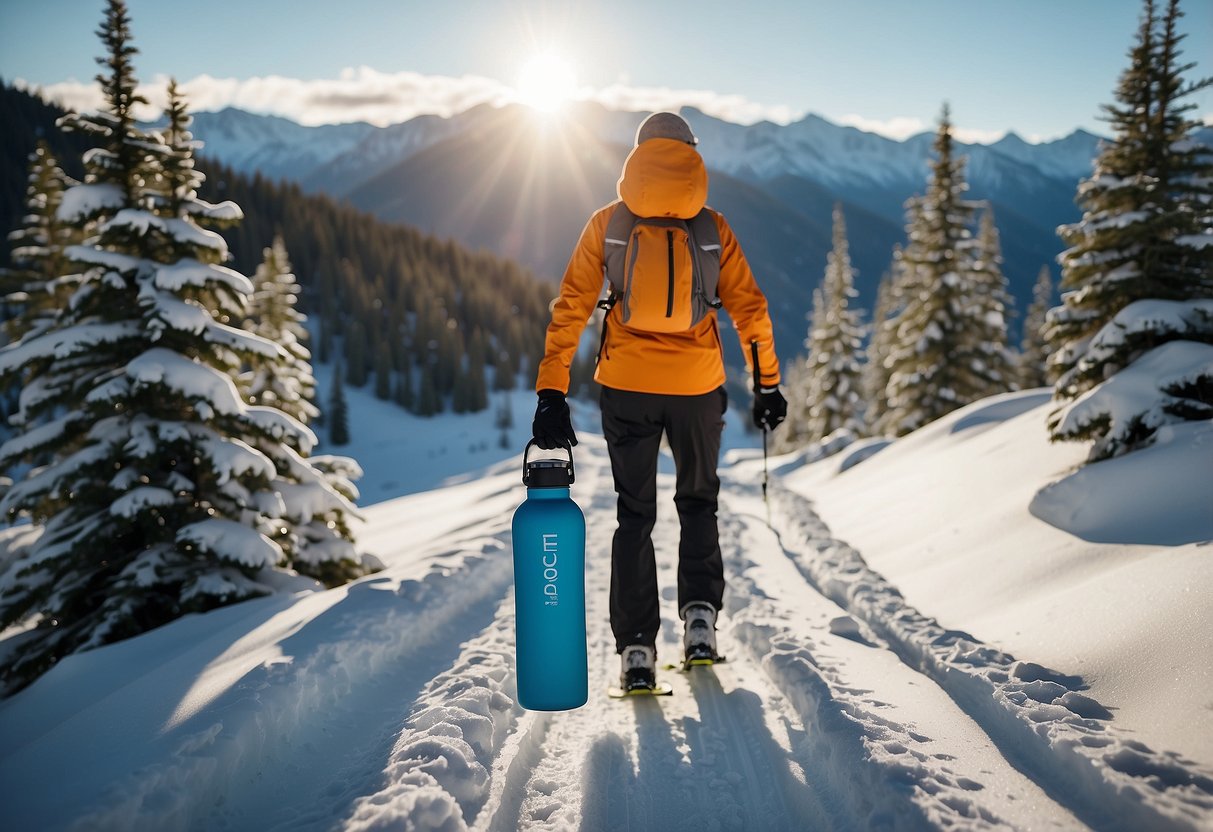 A skier carrying a reusable water bottle on a snowy trail, with trees and mountains in the background