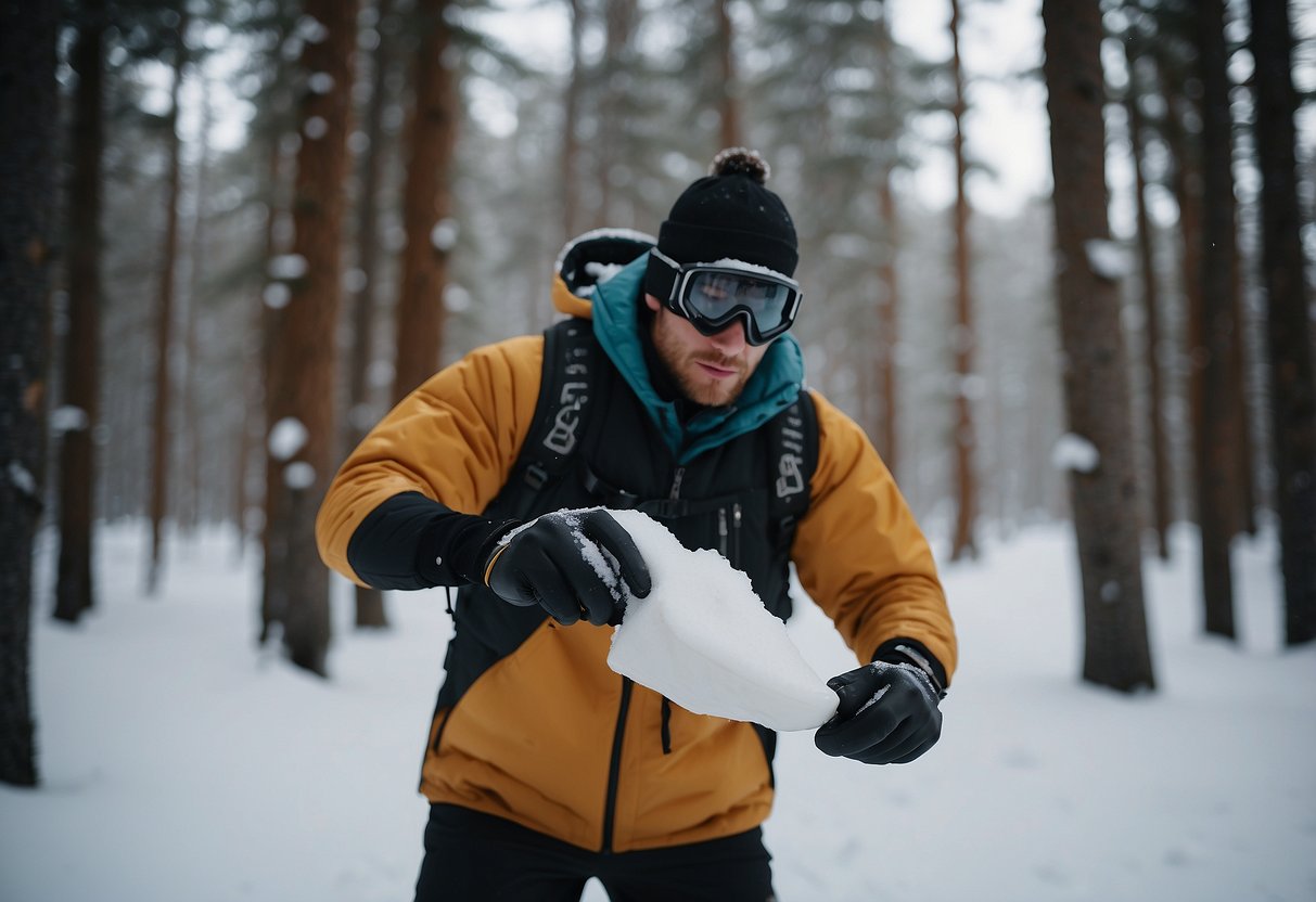 A skier using biodegradable soap to clean up waste in a snowy forest clearing