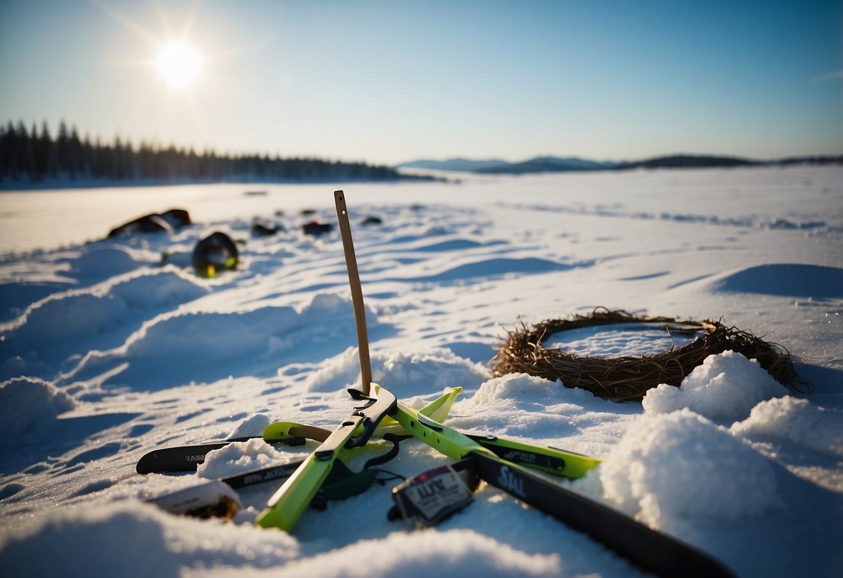 A snowy cross country ski trail with scattered trash and a sign reading "Pack out all trash 7 Tips for Managing Waste While Cross Country Skiing"