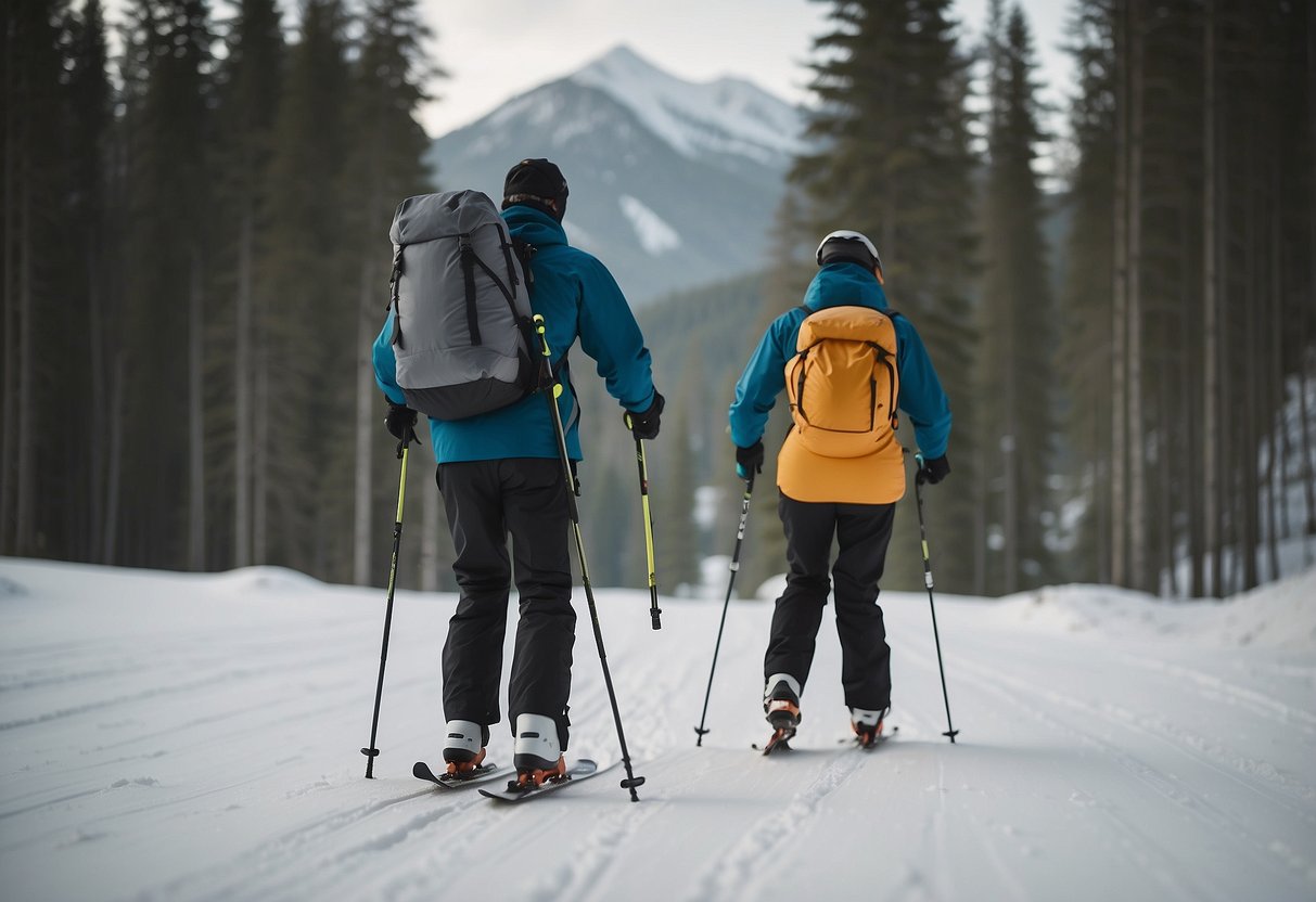 A skier carrying a portable waste bag while skiing through a snowy forest, with trees and mountains in the background