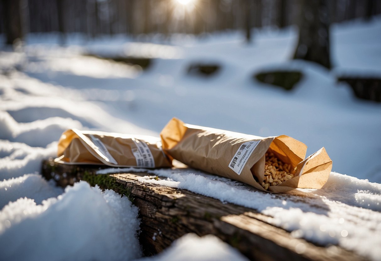 Compostable snack wrappers scattered on snowy cross-country ski trail