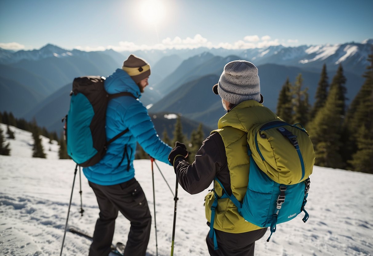 A person skiing with a backpack, opening a reusable food container to eat while surrounded by snowy mountains and trees