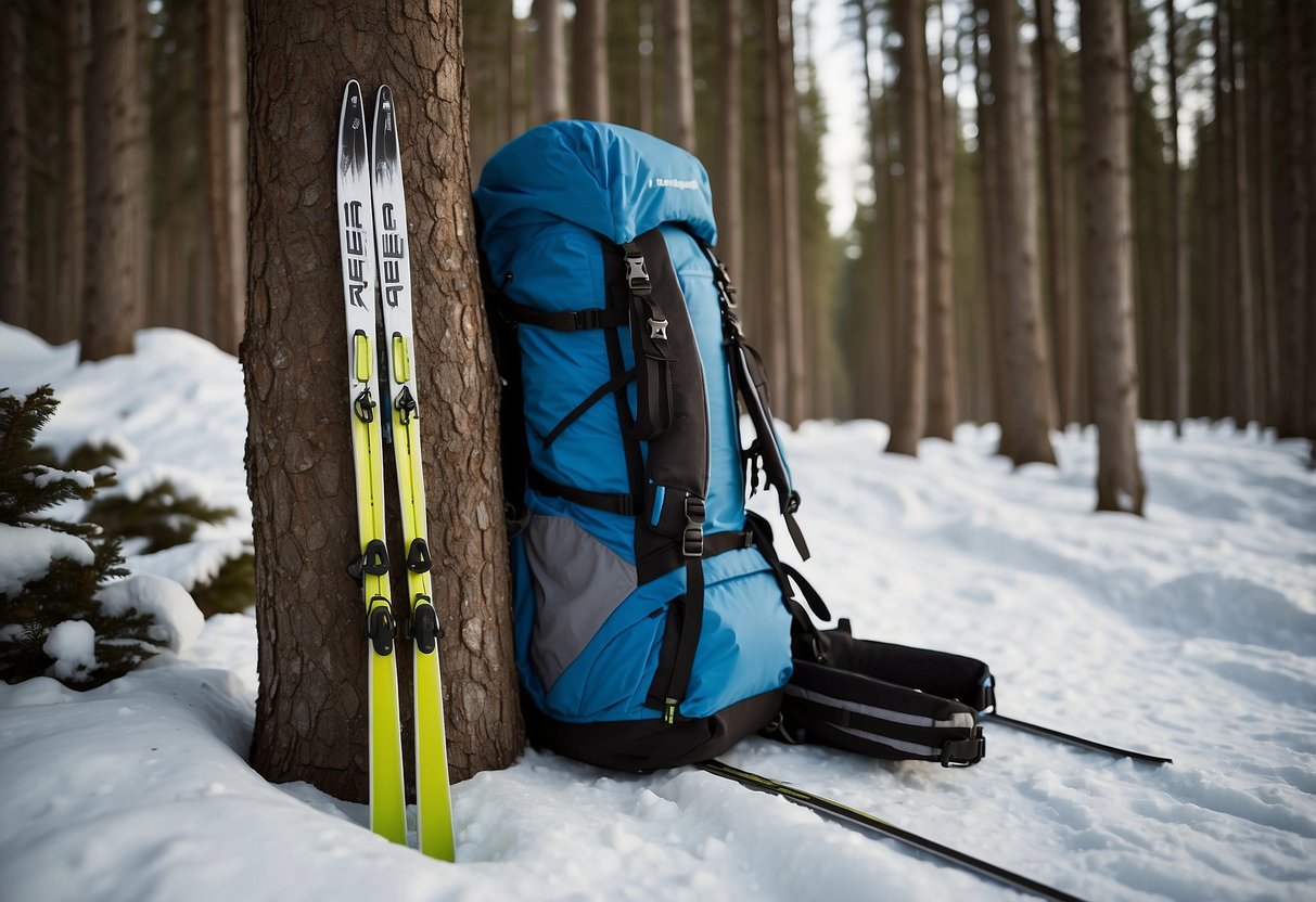 Cross country skis leaning against a tree, with a backpack made from sustainable materials next to them. A reusable water bottle and snacks are also visible