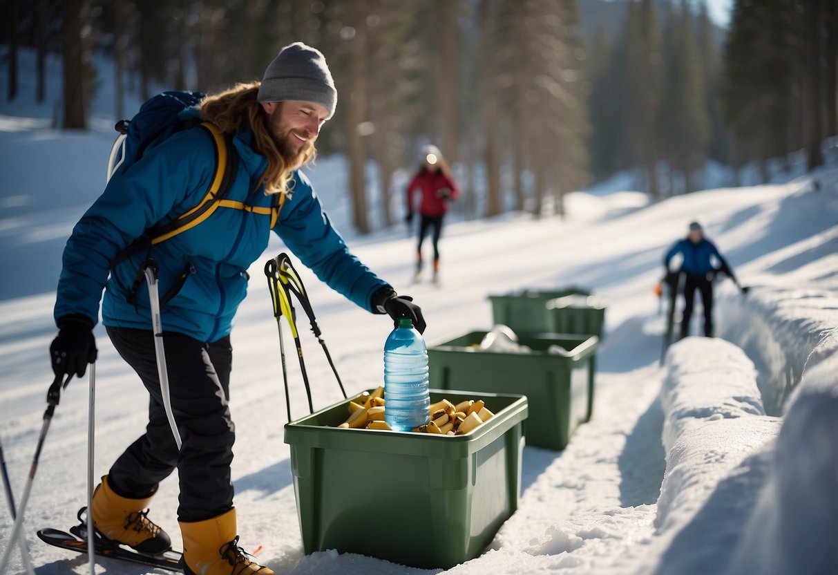 A cross country skier throws a banana peel into a designated waste bin, while other skiers are seen carrying reusable water bottles and picking up any litter they come across on the trail