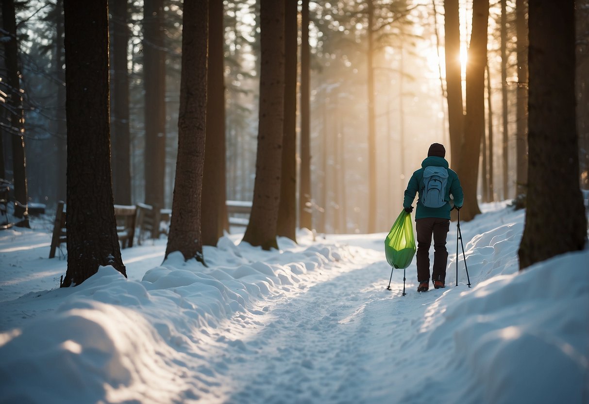 A snowy forest trail with a skier disposing of waste in a designated bin, while carrying a reusable bag for collecting trash. Wildlife and trees surround the scene