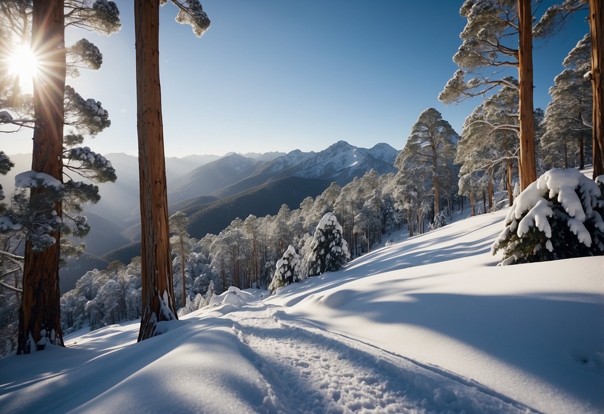 Snow-covered mountains, winding trails, gum trees, and wildlife in the Australian alpine region. Skiers glide through pristine landscapes with clear blue skies