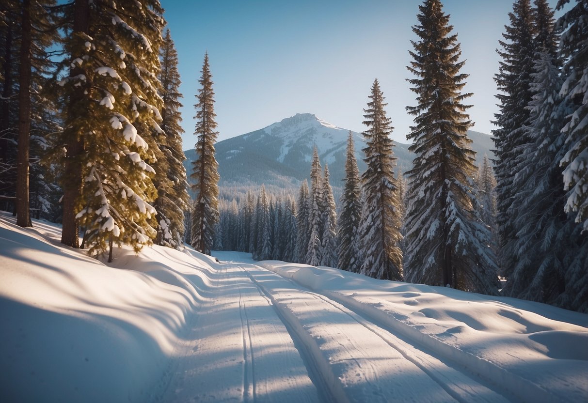 Snow-covered mountain peaks surround a winding cross country ski trail. Tall trees line the path, with skiers gliding through the serene winter landscape