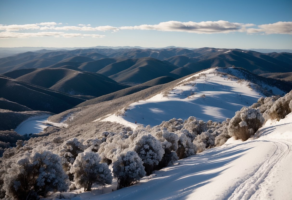 Snow-covered Mount Hotham with winding cross-country ski trails through the picturesque Australian landscape