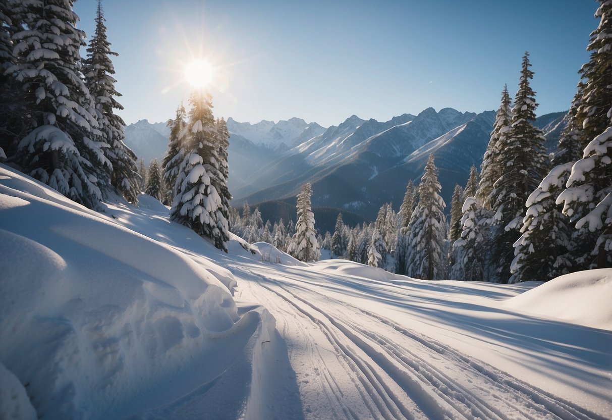 Snow-covered trails wind through Australian alpine forests, with mountains looming in the background. Skiers glide effortlessly through the pristine, untouched snow, surrounded by the beauty of nature