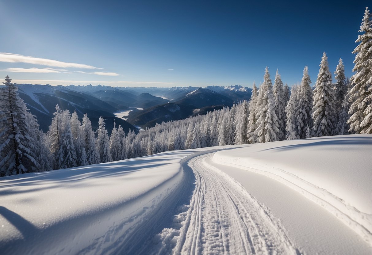 A snowy mountain landscape with winding cross country ski trails, surrounded by tall trees and clear blue skies