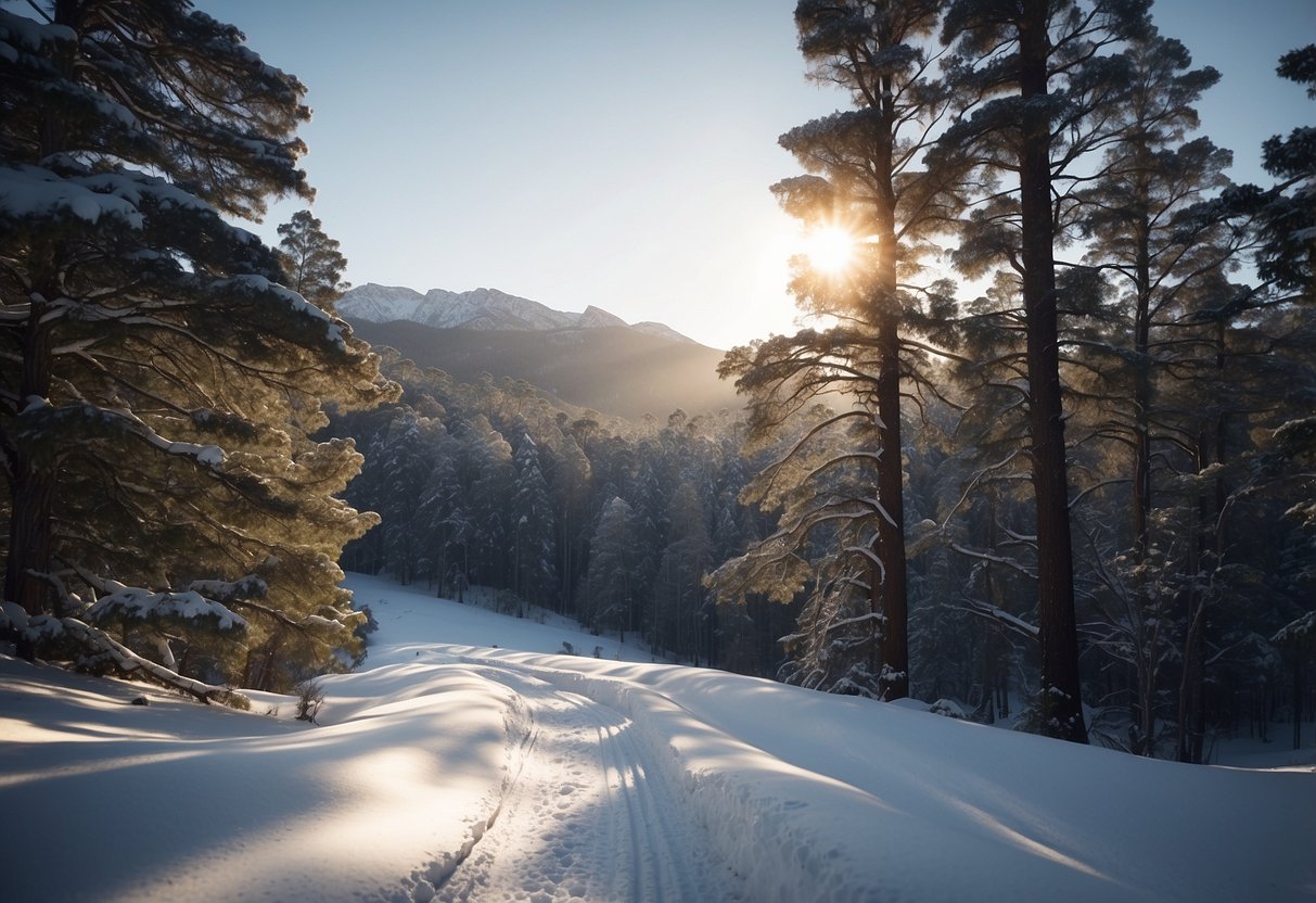 A snowy landscape with winding cross-country ski trails through the Australian wilderness, surrounded by tall trees and distant mountain peaks