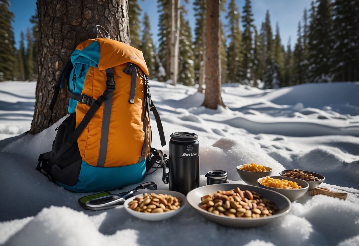 Skis propped against a snowy tree, with a backpack open to reveal lightweight, nutritious meals like trail mix, energy bars, and dehydrated soups