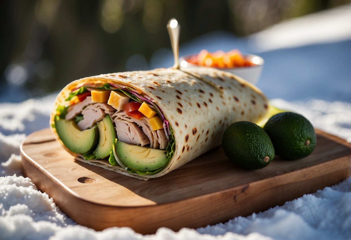 A colorful wrap filled with turkey and avocado, surrounded by lightweight and nutritious snacks, with a snowy cross country skiing trail in the background