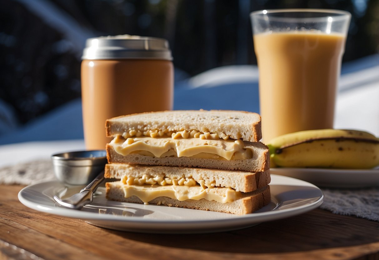 A peanut butter banana sandwich sits on a plate next to a thermos and a pair of ski poles, ready for a cross country skiing trip