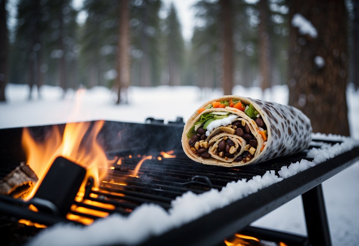 A steaming black bean burrito sits on a campfire grill, surrounded by snow-covered trees and cross country ski gear