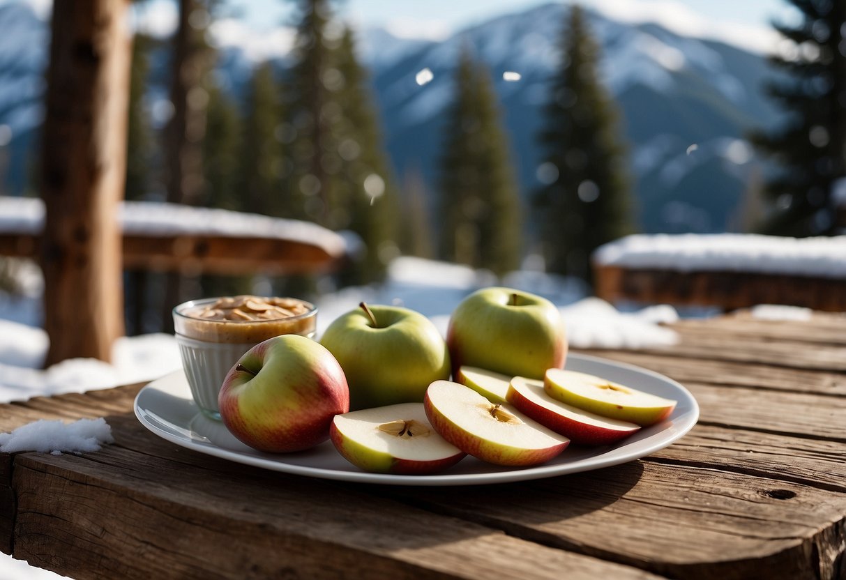 A plate of apple slices with almond butter sits on a rustic wooden table, surrounded by snow-covered mountains and pine trees