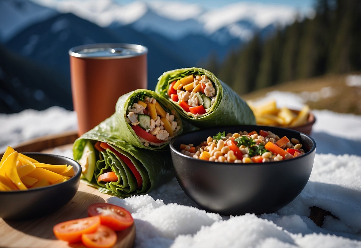 A colorful veggie wrap with hummus, carrots, lettuce, and bell peppers, packed alongside a thermos and ski gear in a snowy alpine setting