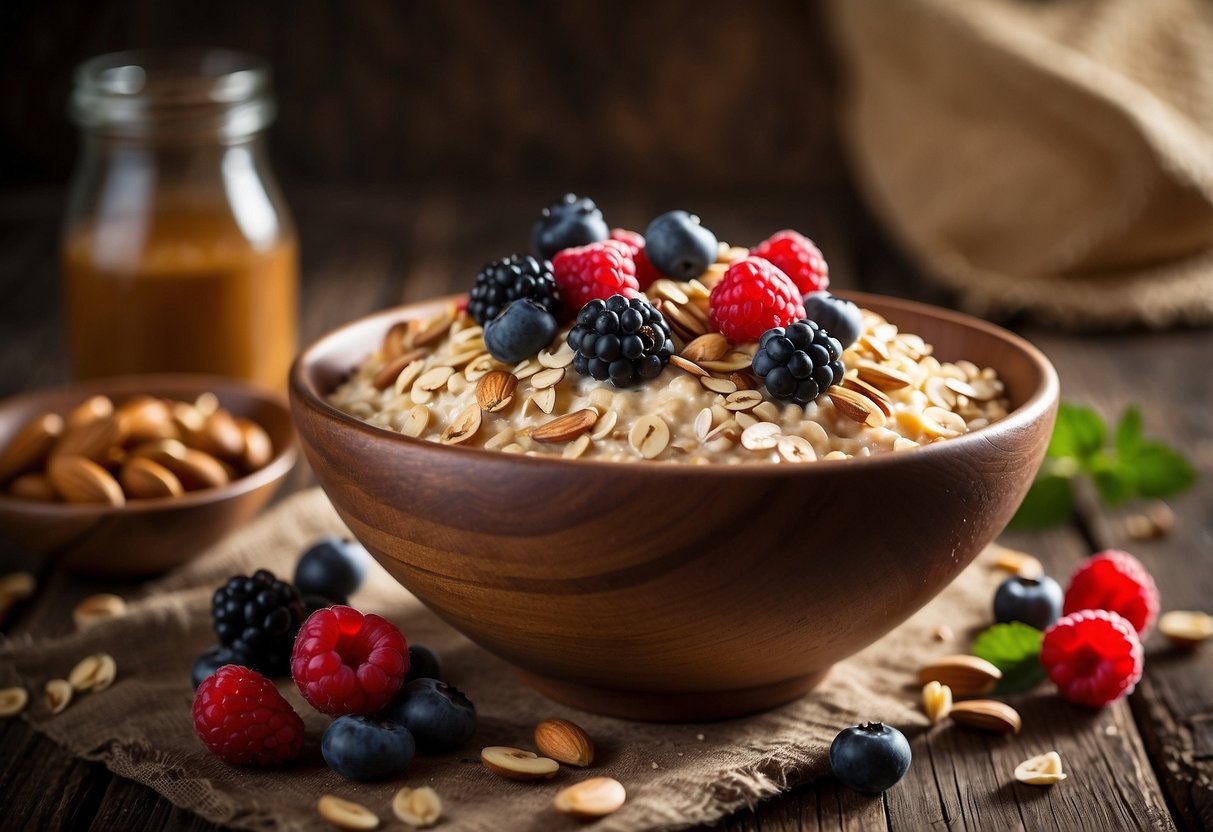 A bowl of overnight oats topped with fresh berries sits on a rustic wooden table, surrounded by a scattering of nuts and seeds