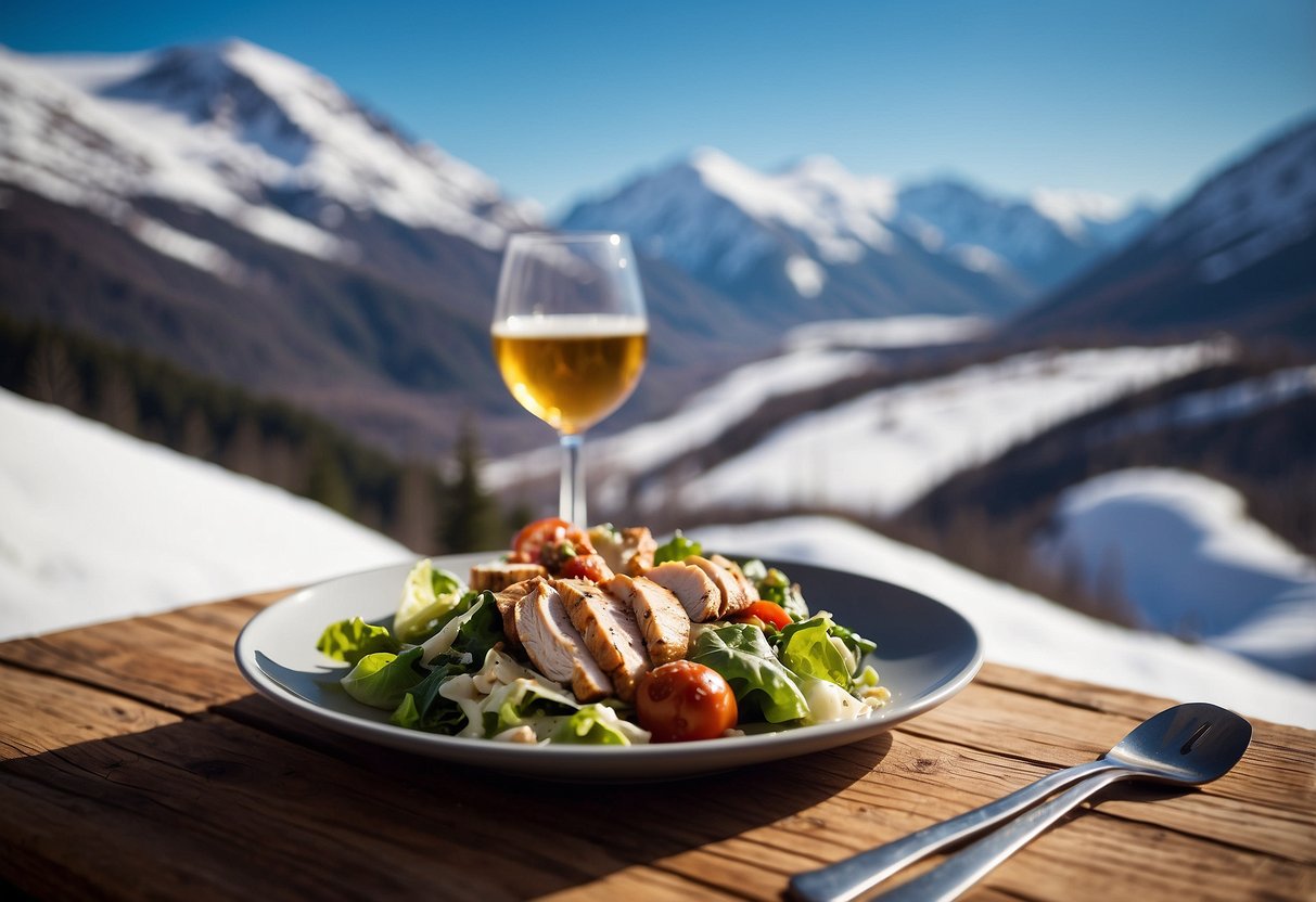 A steaming plate of grilled chicken caesar salad sits on a rustic wooden table, surrounded by snow-covered mountains and cross country ski gear