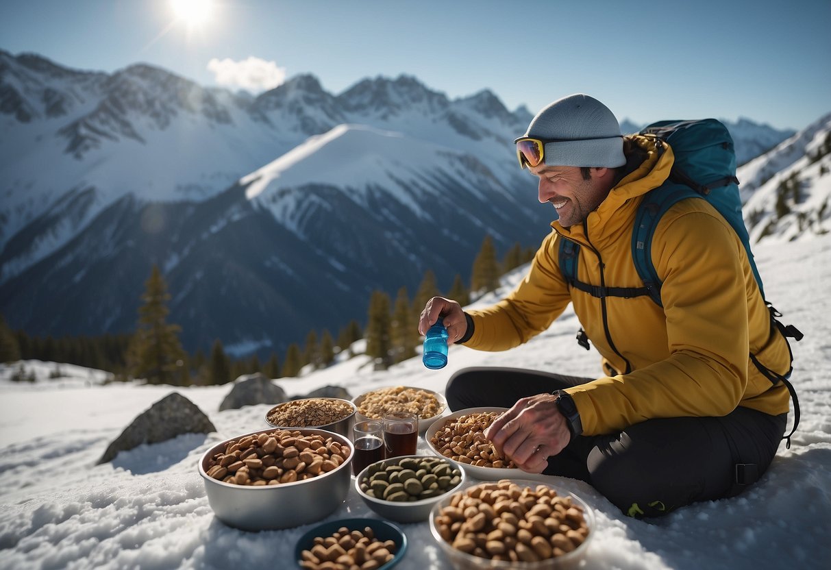 A snowy mountain landscape with a cross country skier enjoying a meal of lightweight and nutritious food, surrounded by energy bars, trail mix, and water bottles