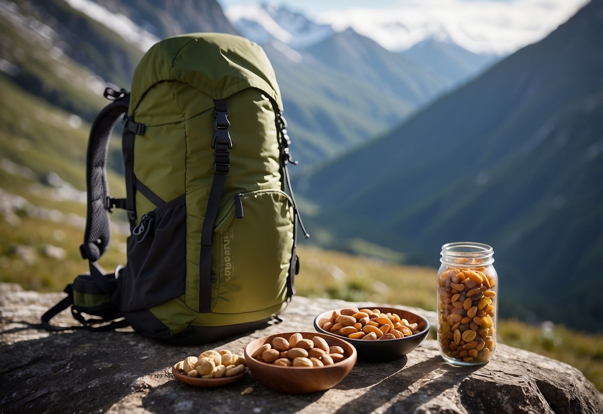 A snowy mountain landscape with a backpack filled with lightweight and nutritious meal ingredients, such as trail mix, energy bars, dehydrated fruits, and nuts