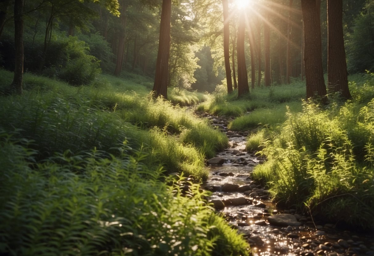 Hiking trail with lush greenery, clear path, and a small stream. Sun shining through the trees, birds chirping, and a sense of tranquility