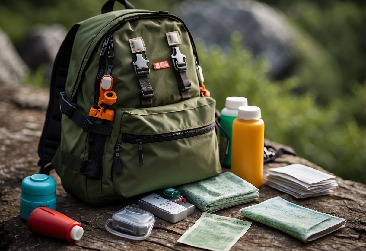 A backpack with a first aid kit attached, surrounded by hiking gear and a trail map