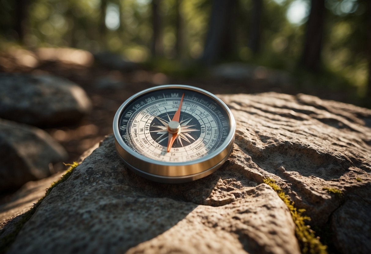 A map and compass lay on a rocky trail. Sunlight filters through the trees, casting dappled shadows on the ground