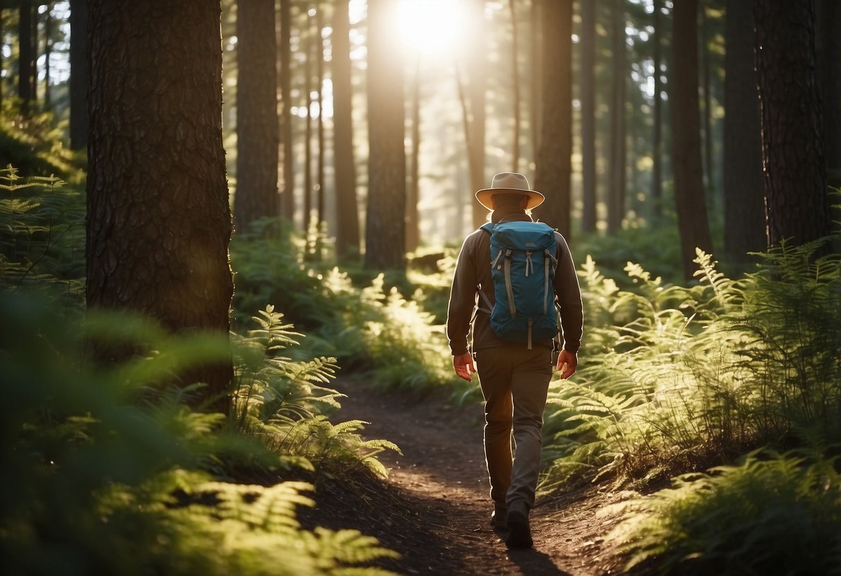 A hiker wearing multiple layers of clothing, surrounded by trees and a winding trail. The sun is shining, and there is a sense of peacefulness and tranquility in the air