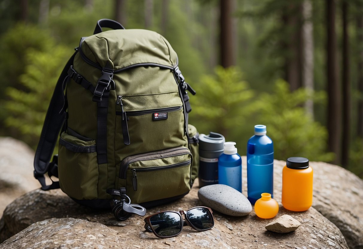 A backpack, hiking boots, water bottle, hat, sunglasses, and sunscreen lay on a rocky trail. A first aid kit and trail map are nearby