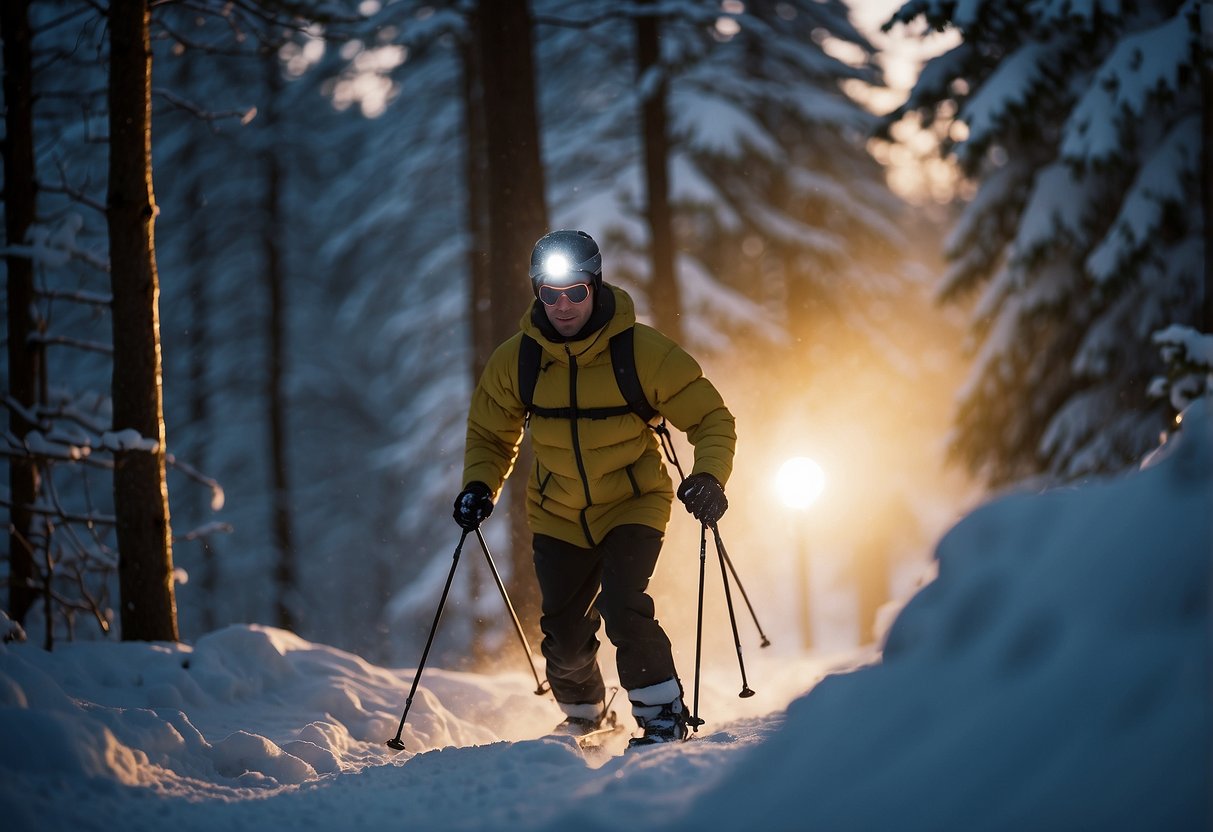 A skier glides through a snowy forest at dusk, wearing a lightweight headlamp that illuminates the trail ahead. The beam of light cuts through the darkness, casting a warm glow on the surrounding trees