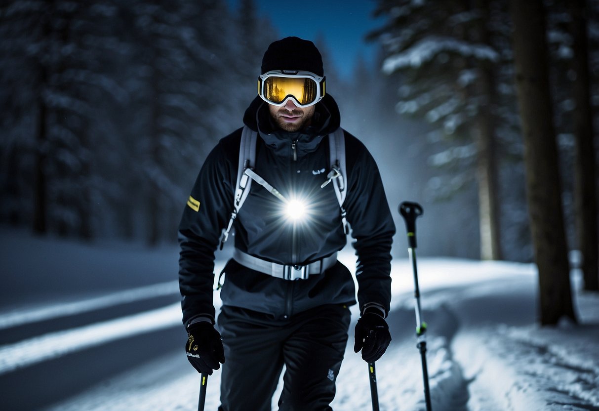 A skier wearing a Black Diamond Spot 350 headlamp navigates a snowy cross country trail at night, casting a bright beam of light ahead