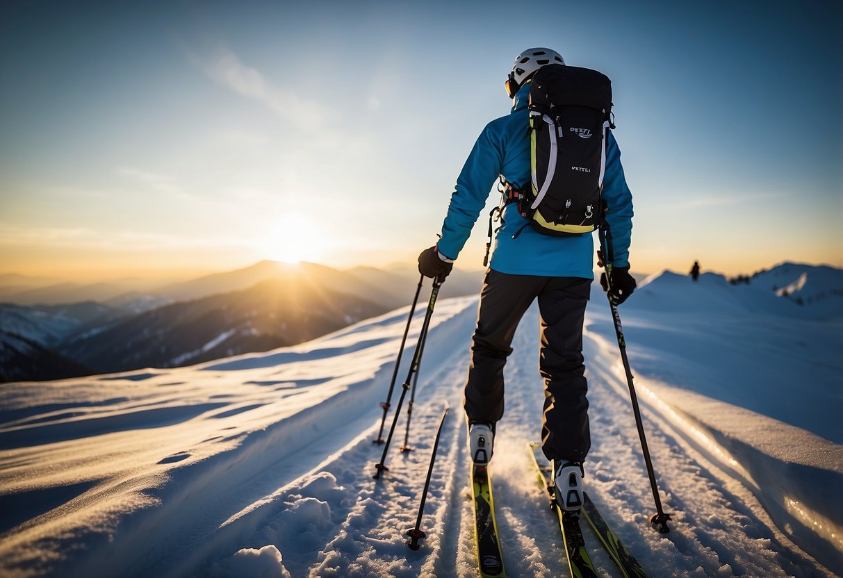 A skier wearing cross country skis and poles, with the Petzl Actik Core headlamp illuminating the snowy trail ahead