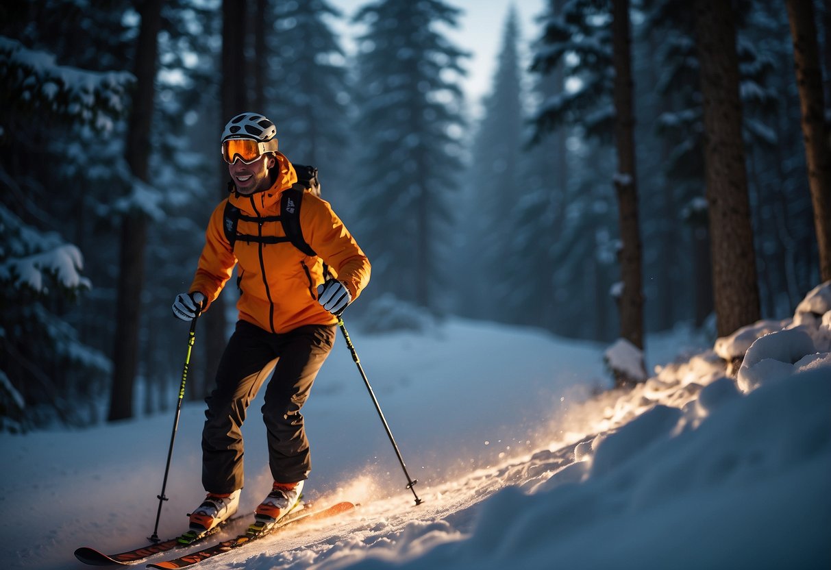 A skier wearing a Fenix HM50R headlamp glides through a snowy forest at dusk, casting a bright beam of light on the trail ahead