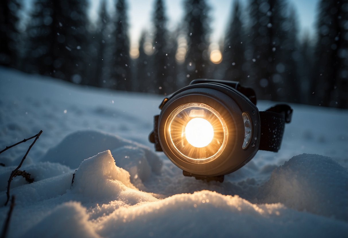 A headlamp with adjustable straps and a compact, lightweight design. It illuminates the snowy trail ahead, perfect for cross country skiing