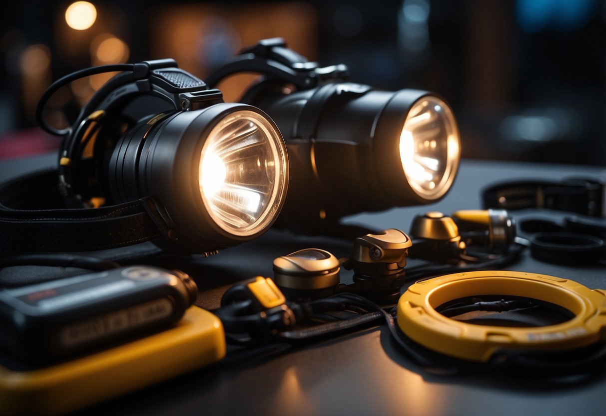 A table with various lightweight headlamps and maintenance tools. Skiing gear in the background. Bright lighting to showcase the products