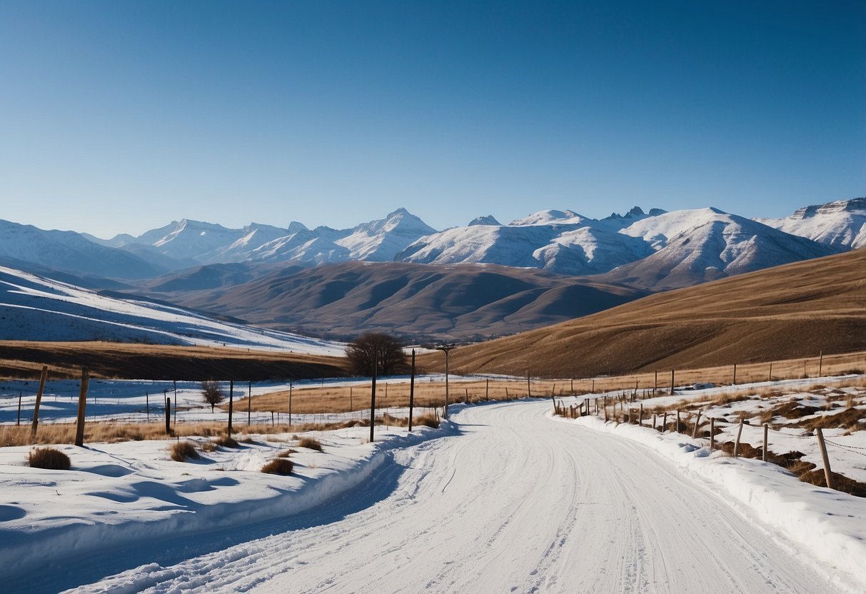 Snow-covered Lesotho Highlands with winding cross-country ski trails and majestic mountain peaks in the background. Crisp blue skies and a sense of serenity