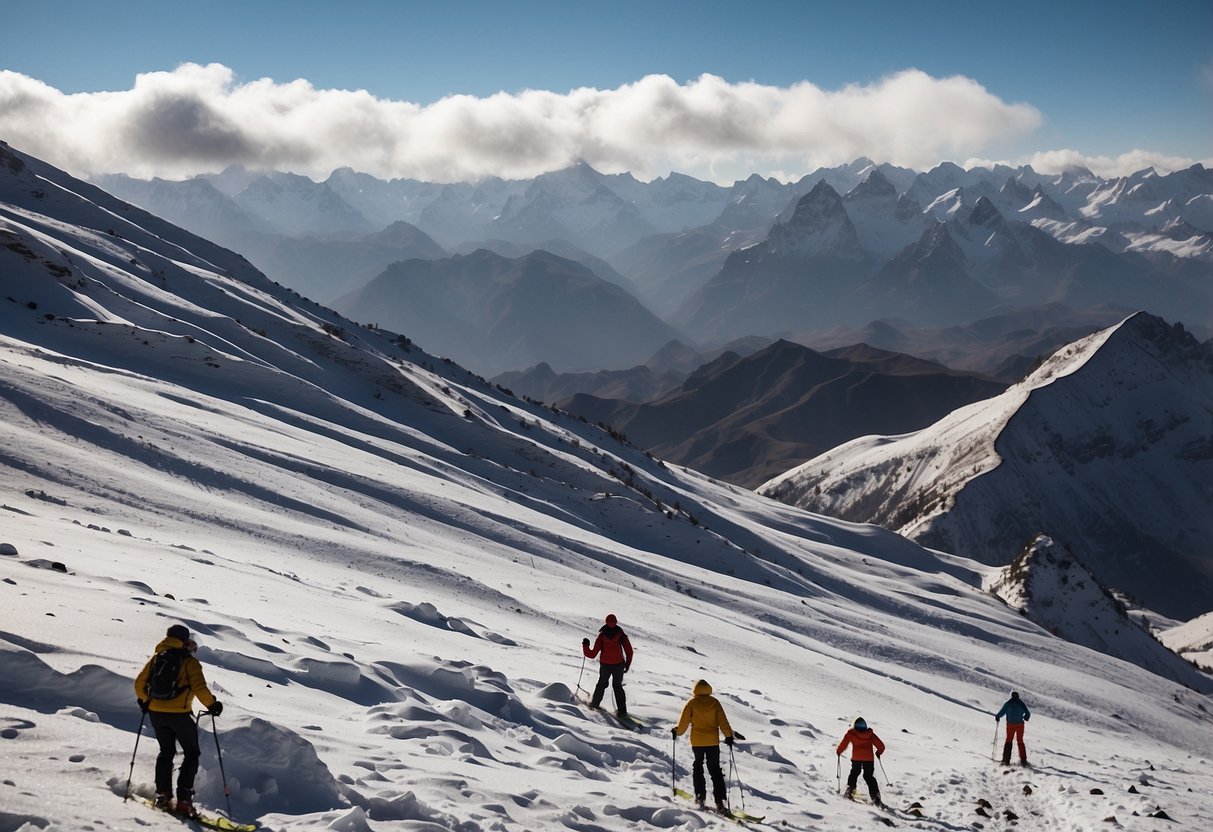 Snow-covered peaks of Simien Mountains in Ethiopia, with skiers gliding across the pristine landscape