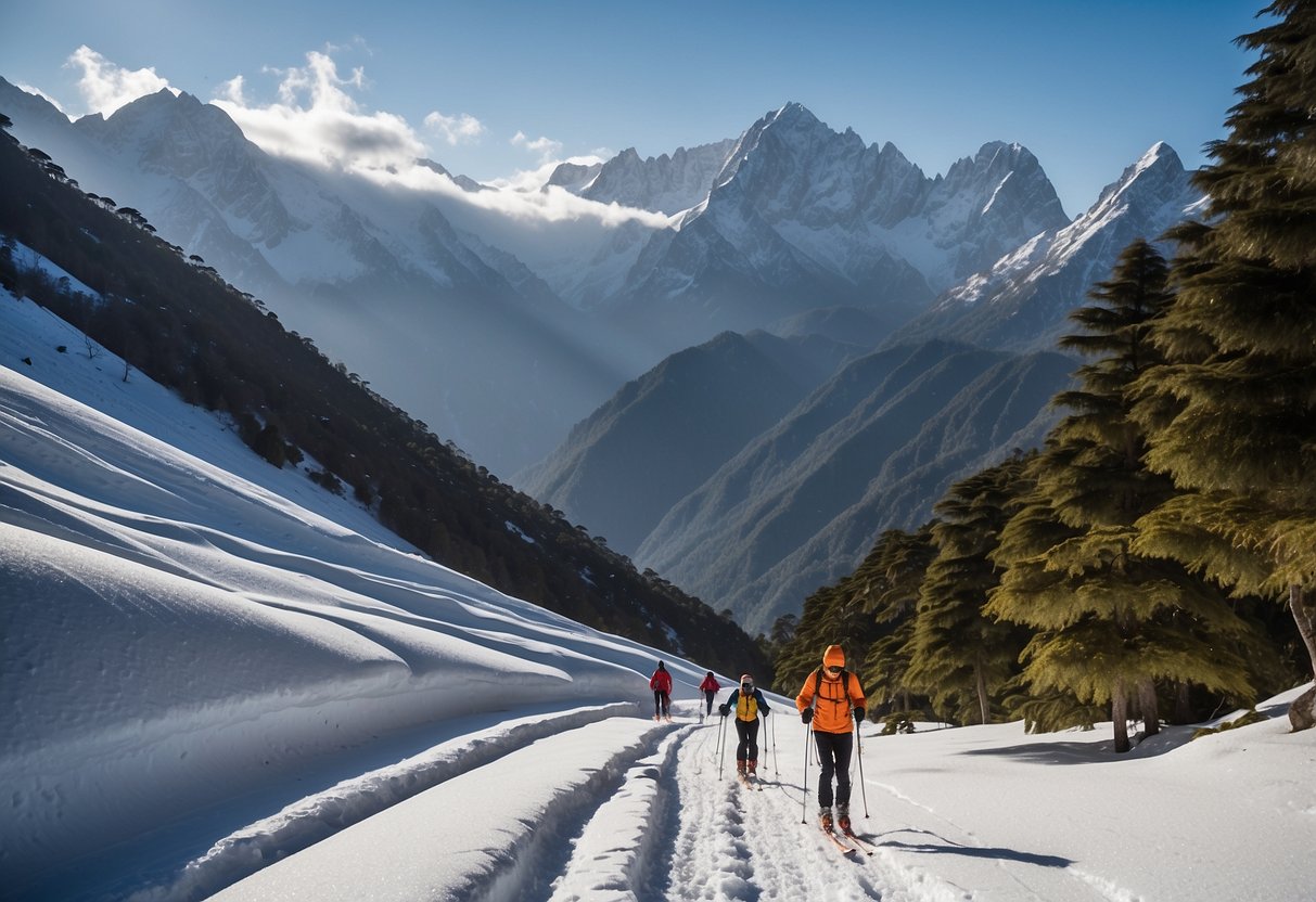 Snow-covered Ruwenzori Mountains, Uganda. Cross-country skiers glide through the pristine white landscape, surrounded by breathtaking peaks and untouched natural beauty