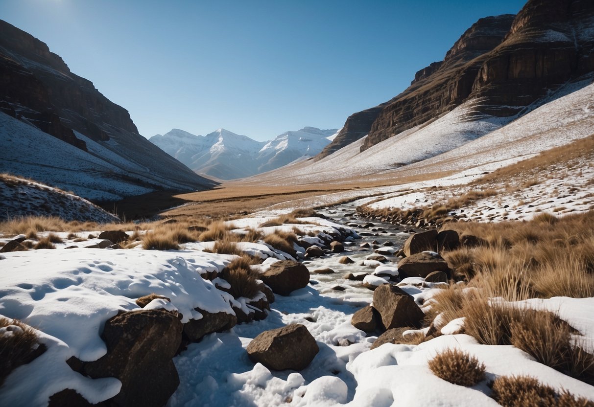 Snow-covered Maloti Mountains in Lesotho, with winding cross-country ski trails cutting through the rugged terrain. Crisp blue skies and towering peaks create a stunning backdrop for outdoor adventure