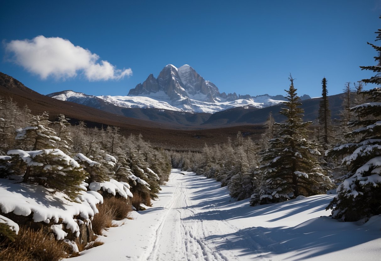 Snow-covered Mount Kenya rises majestically against a clear blue sky, with cross country ski tracks winding through the pristine landscape