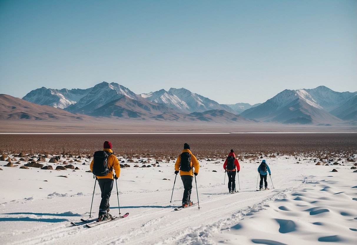 Snow-covered Naukluft Mountains in Namibia, with skiers gliding across the pristine white landscape