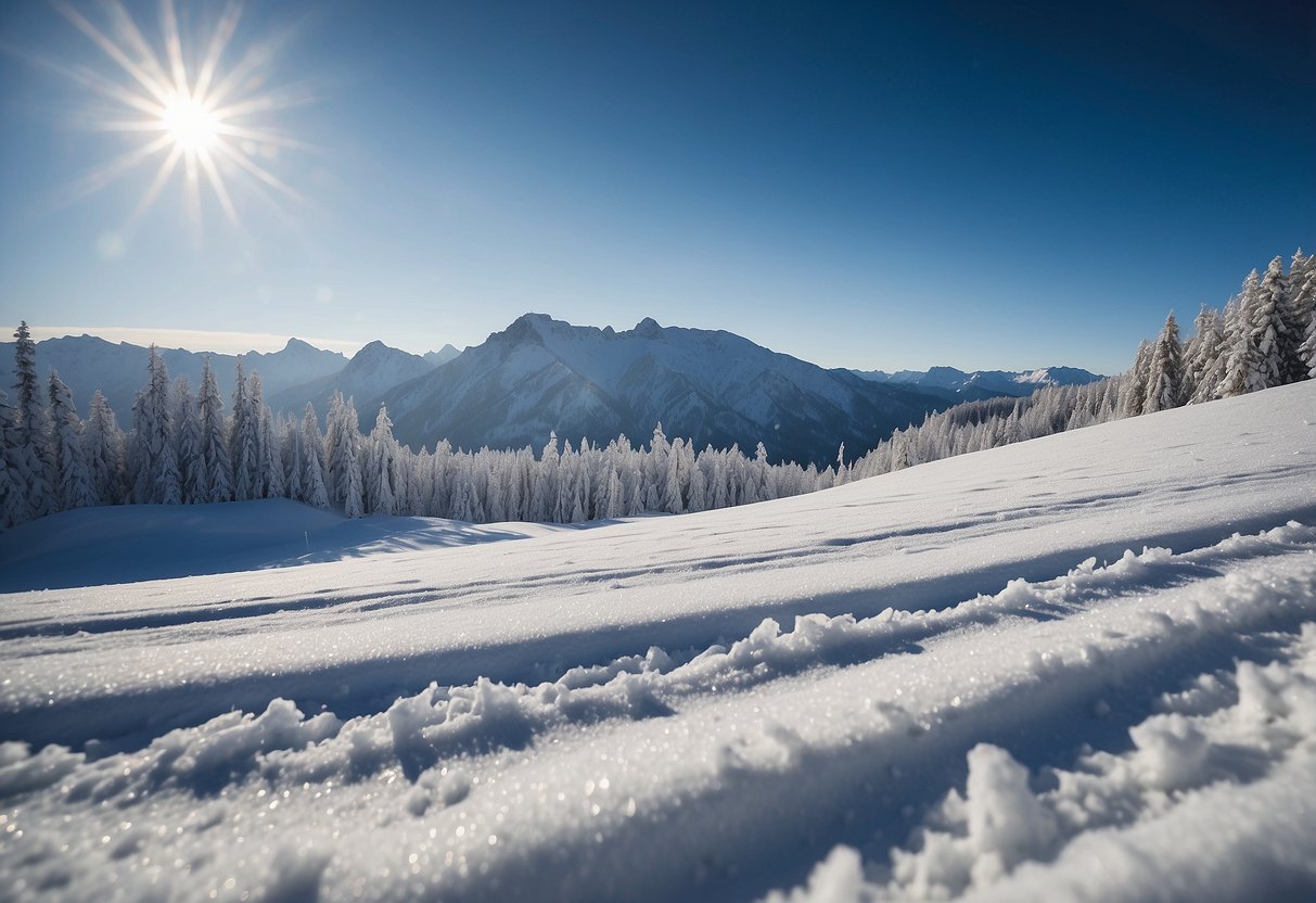 Snow-covered African landscapes with clear blue skies and gentle slopes. Sunlight glistens on the white powder, creating a serene and picturesque setting for cross country skiing