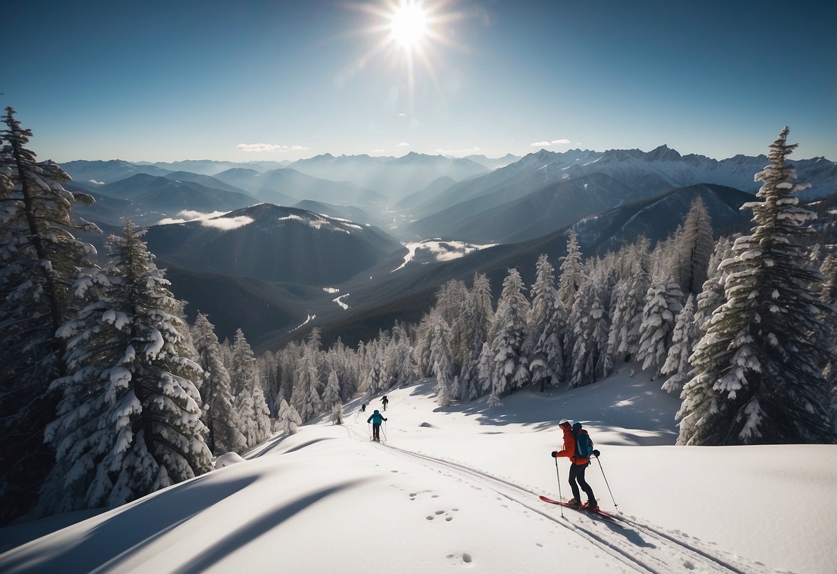 Snow-covered African landscapes with winding trails through dense forests and open plains. Skiers navigate challenging terrain with stunning views of mountains and wildlife